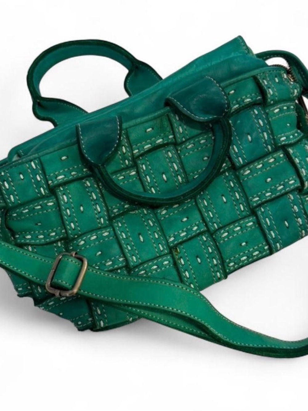 Woven Green Leather Crossbody Bag with Detachable Strap